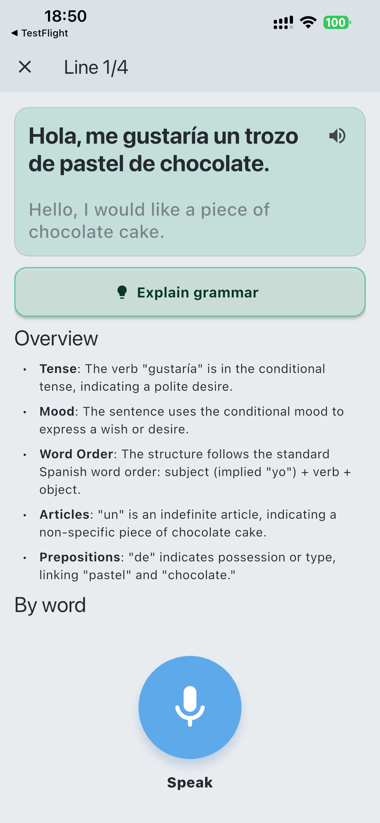 LaVerba grammar explanation for a Spanish sentence, including tense, mood and word order
