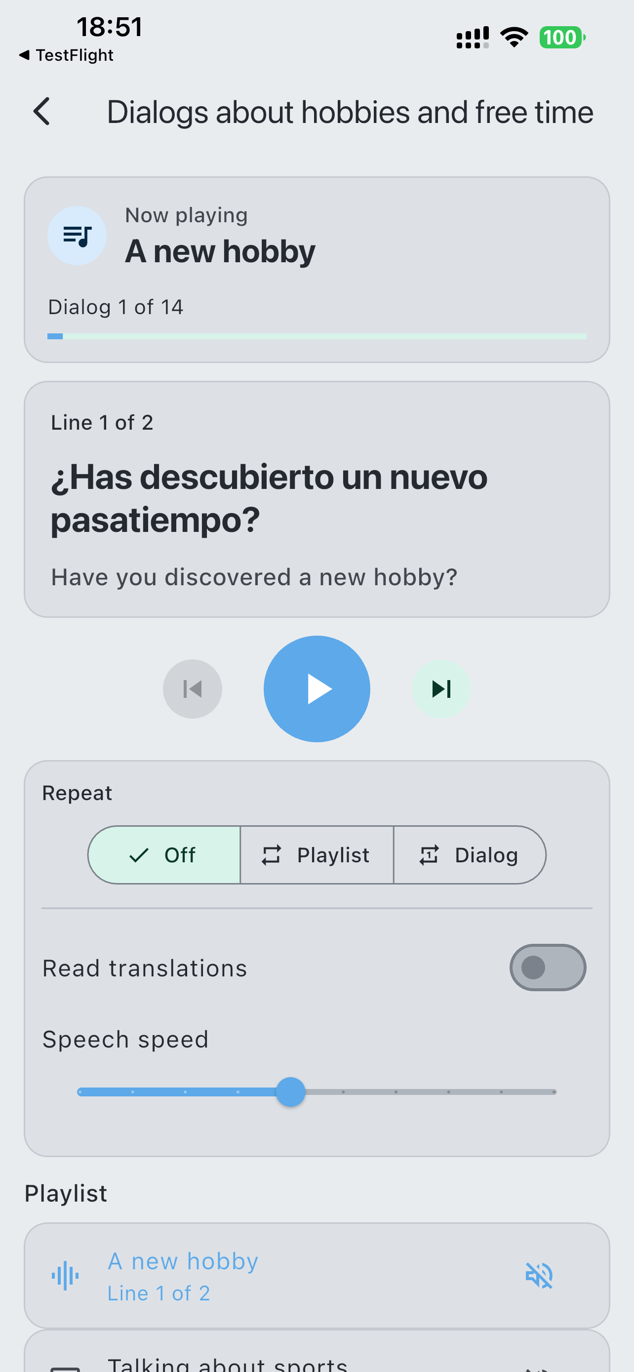 LaVerba Dialog Player with playlist, repeat, translation and speech-speed controls
