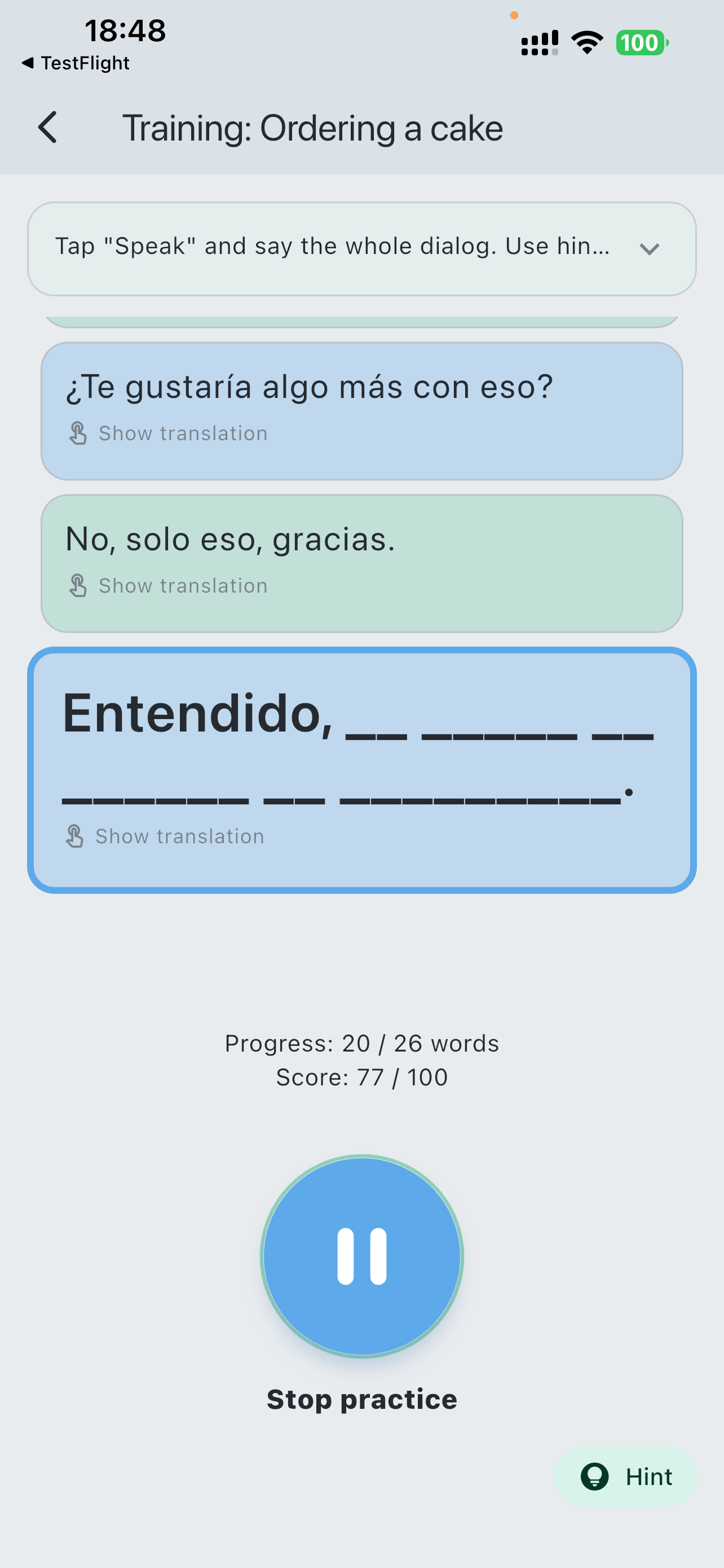 LaVerba whole-dialog active recall exercise with hidden words, progress score and optional hint