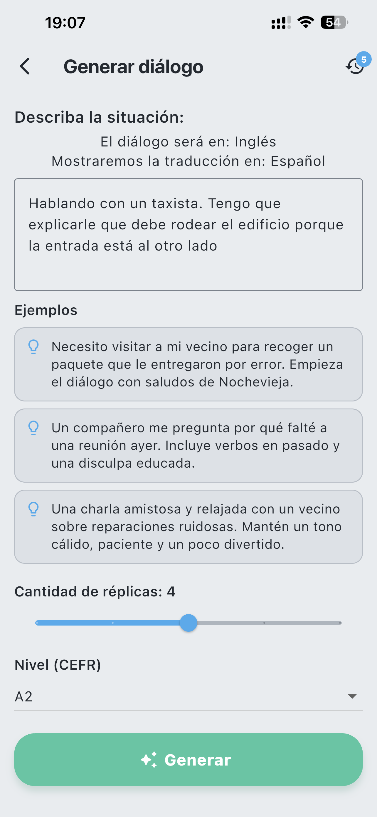 Generador de diálogos personalizados de LaVerba para una conversación concreta en un taxi