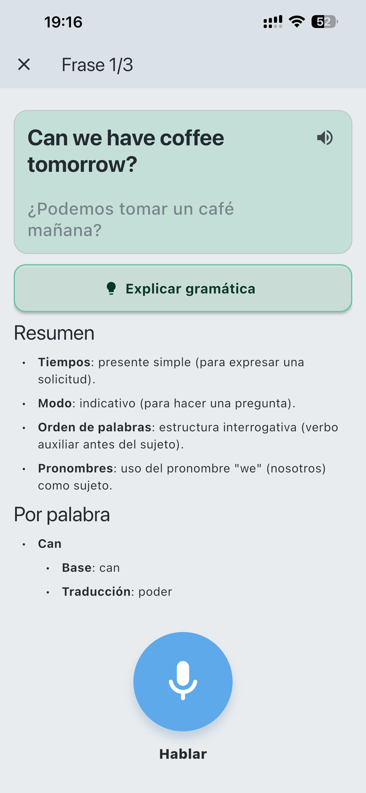 Explicación gramatical de LaVerba para una frase en español, incluidos tiempo, modo y orden de palabras