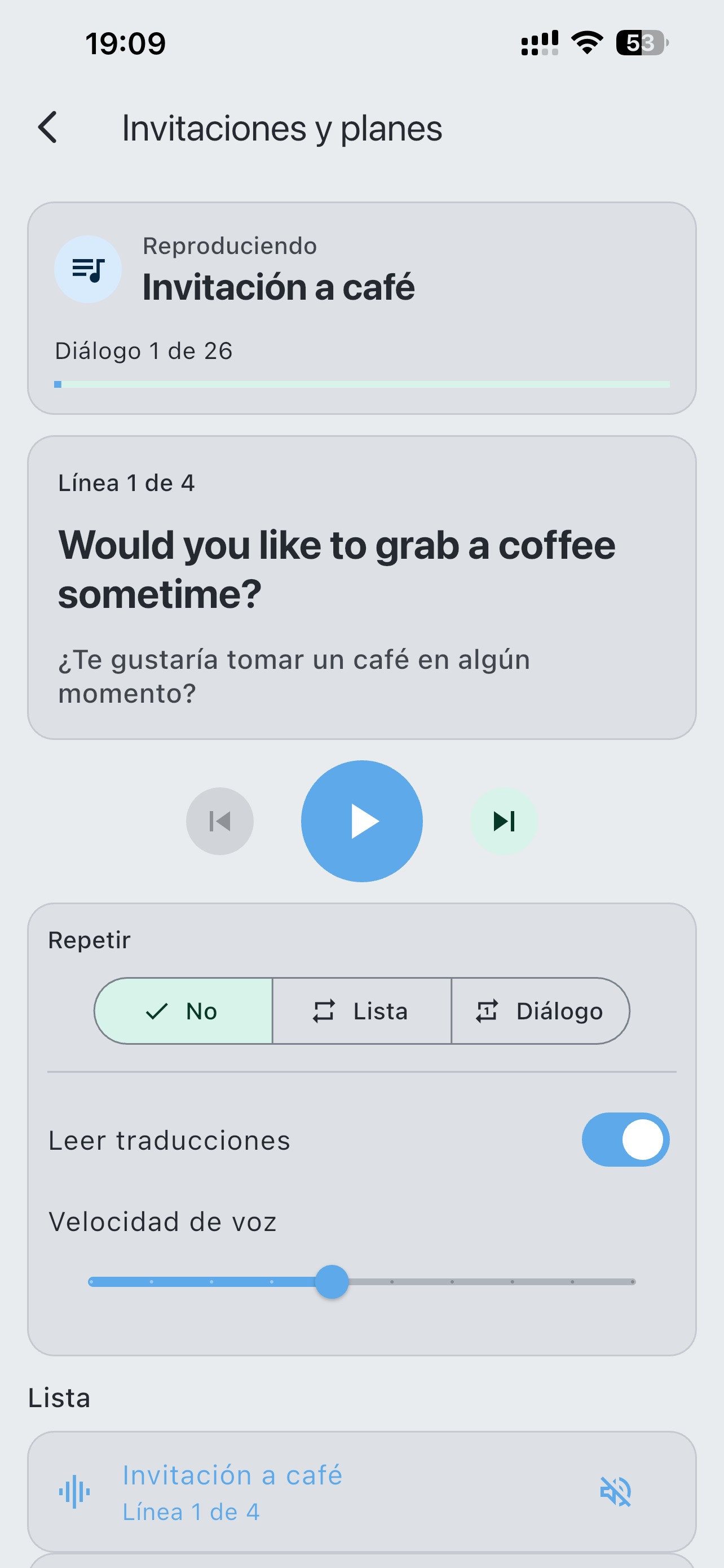 Reproductor de diálogos de LaVerba con lista, repetición, traducción y controles de velocidad de voz