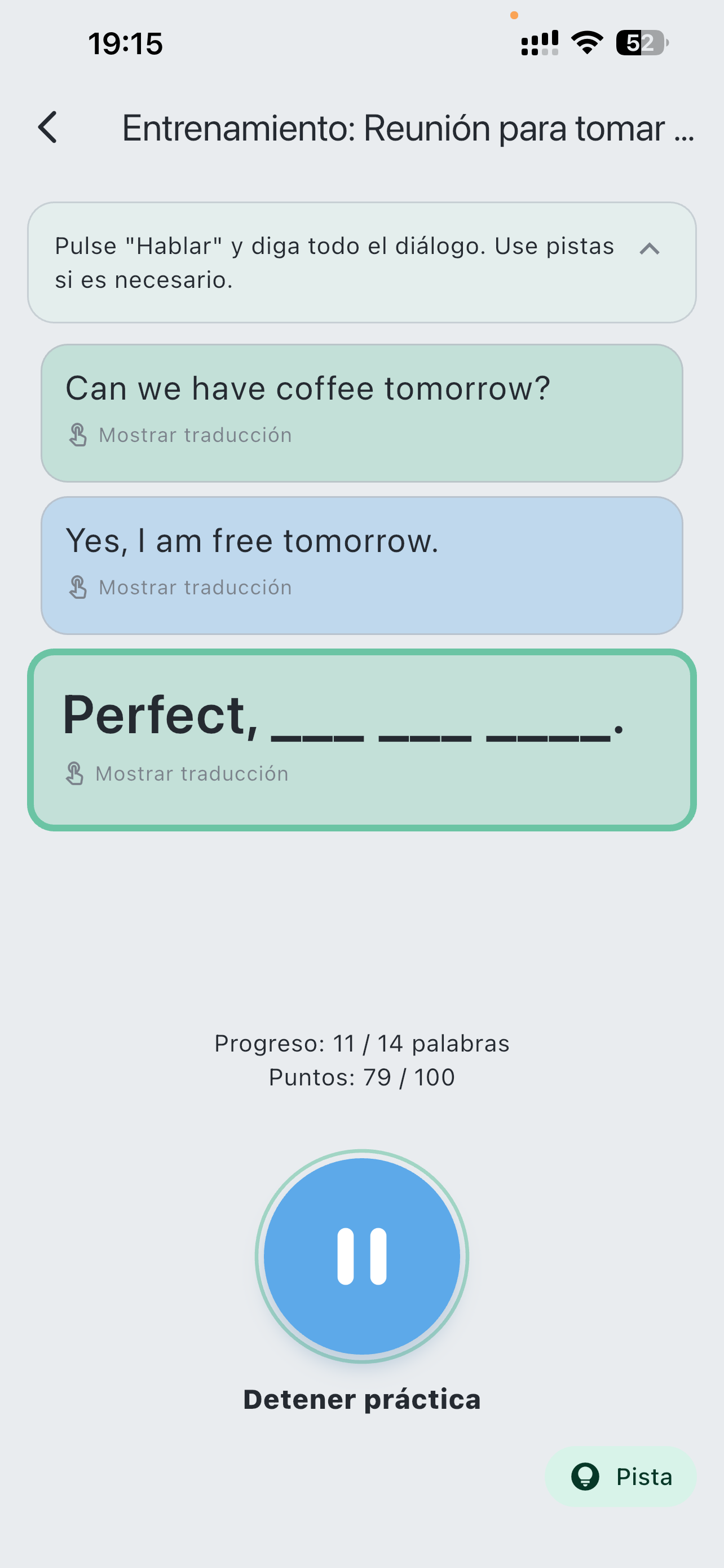 Ejercicio de recuerdo activo de un diálogo completo en LaVerba con palabras ocultas, puntuación de progreso y pista opcional