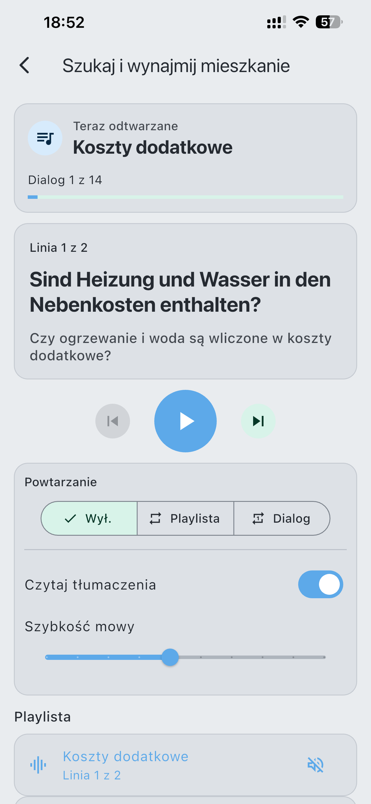 Odtwarzacz dialogów LaVerba z playlistą, powtarzaniem, tłumaczeniem i regulacją szybkości mowy