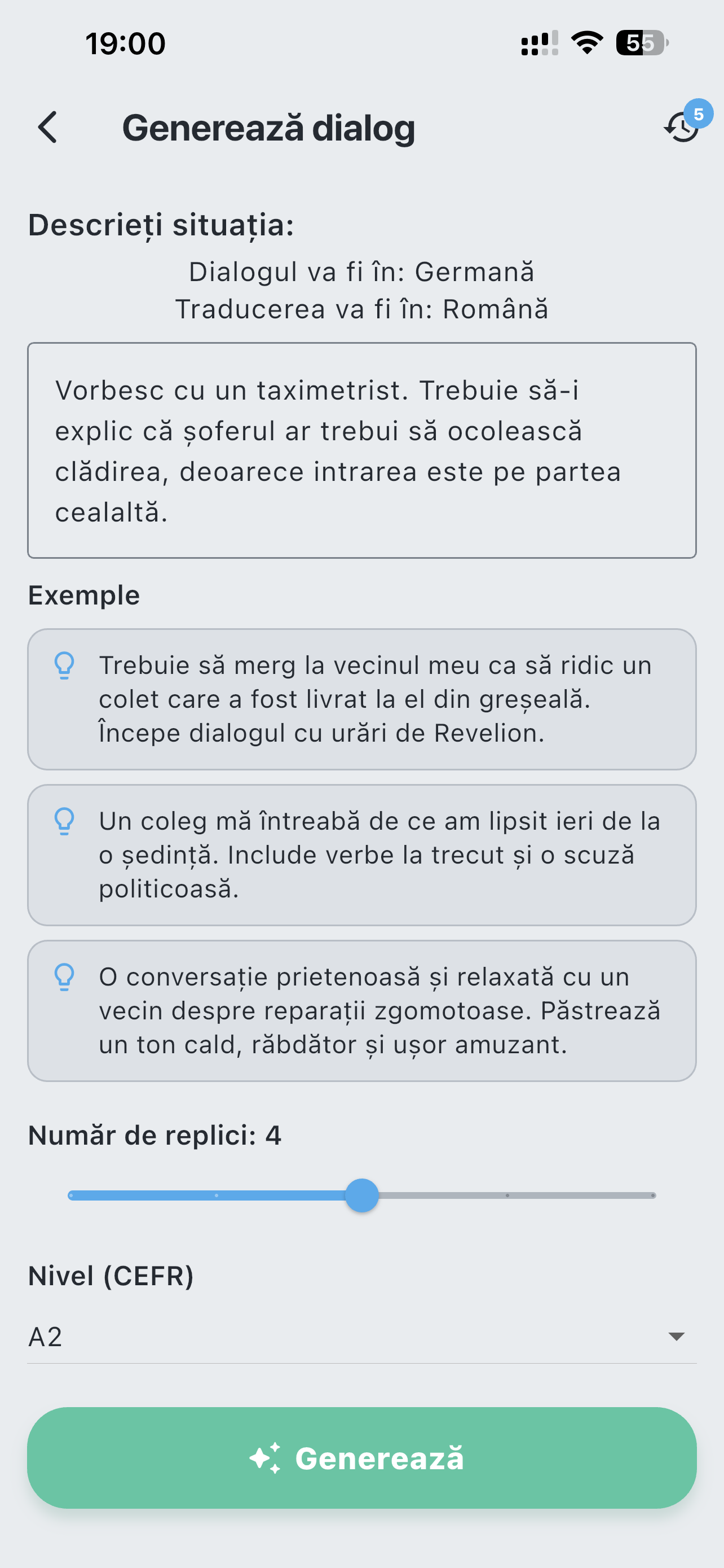 Generator LaVerba de dialog personalizat pentru o conversație concretă într-un taxi