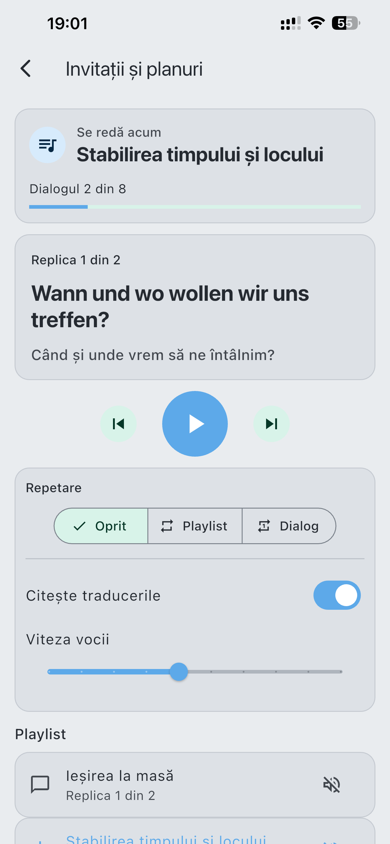 Playerul de dialoguri LaVerba cu listă, repetare, traducere și controlul vitezei vorbirii