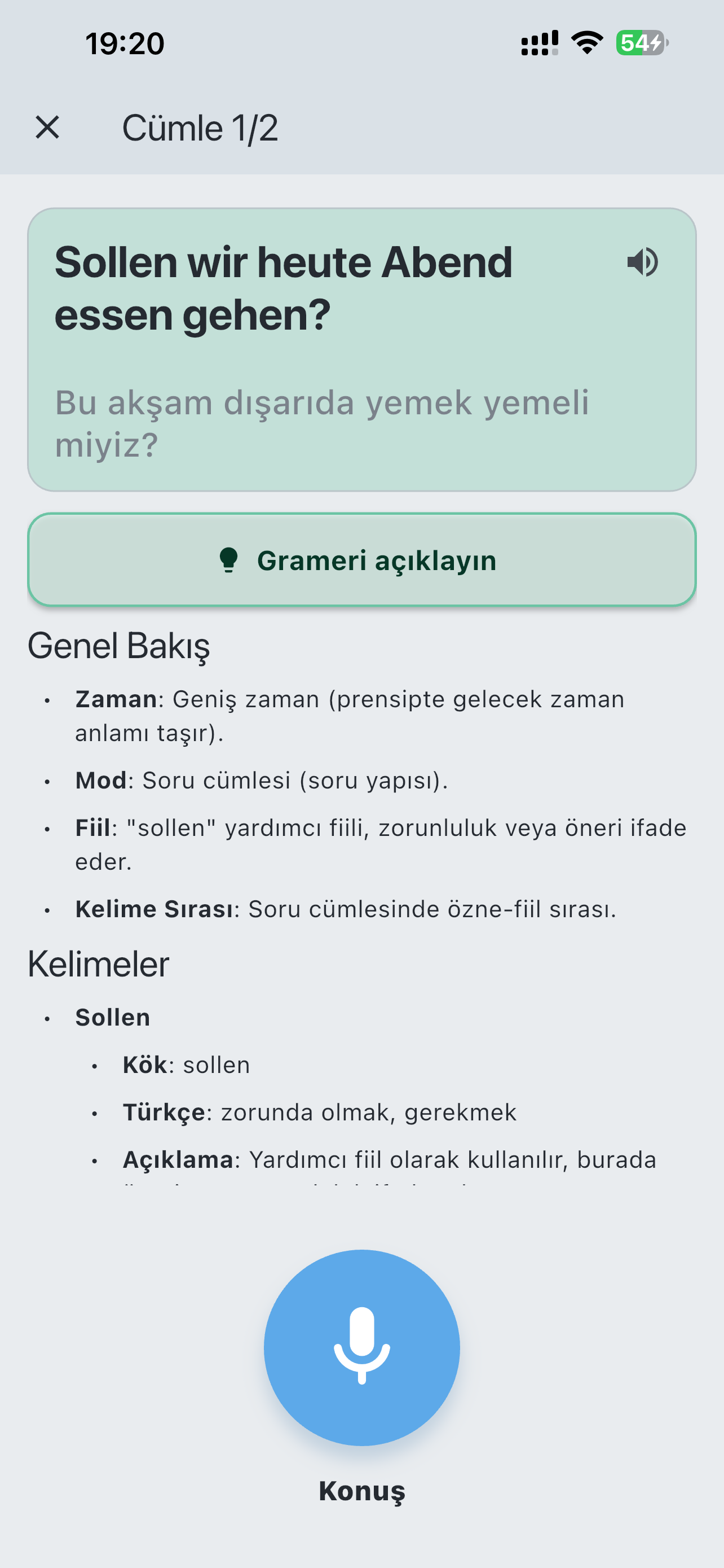 Zaman, kip ve sözcük sırasını içeren İspanyolca bir cümle için LaVerba dil bilgisi açıklaması