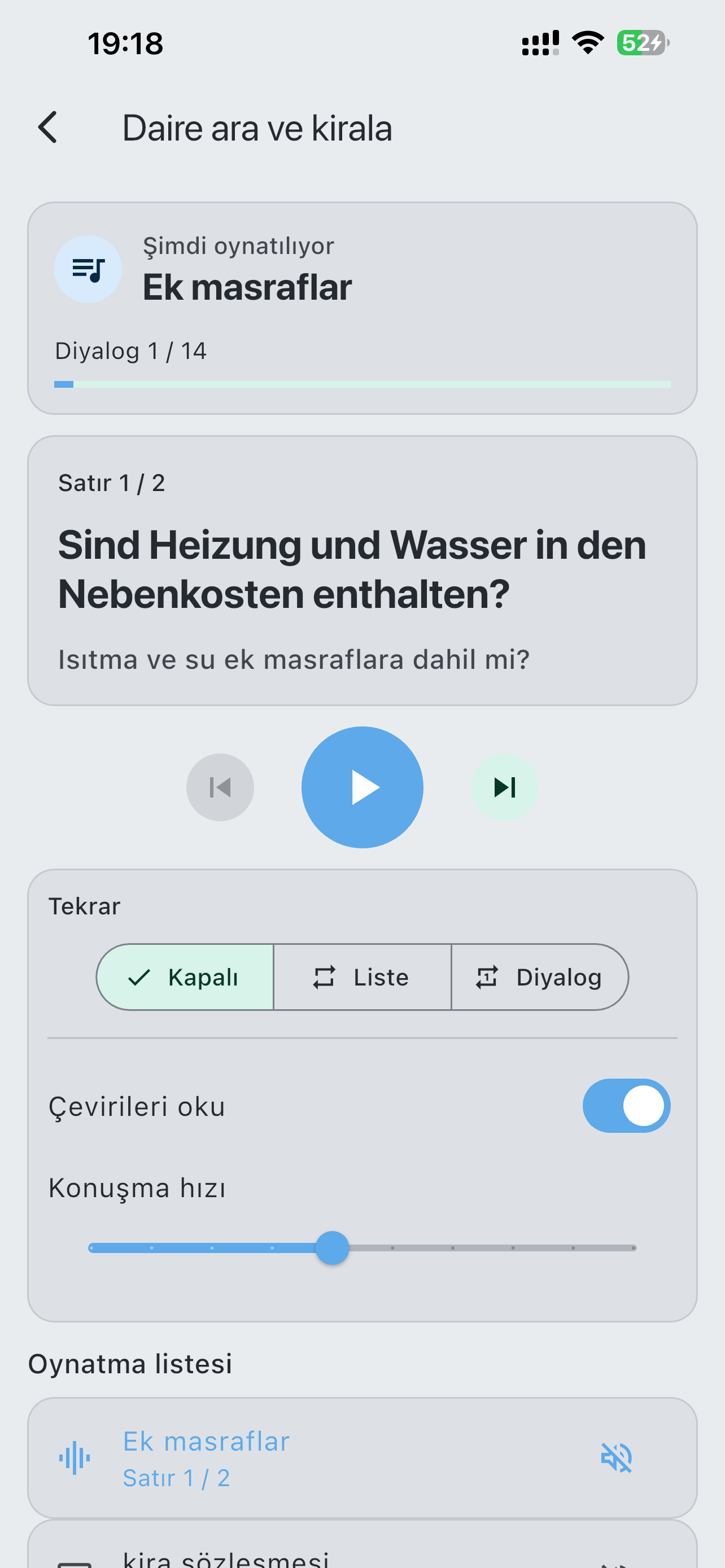 Liste, tekrar, çeviri ve konuşma hızı kontrolleriyle LaVerba Diyalog Oynatıcı